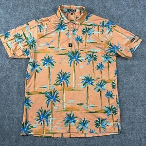 Bad Birdie Polo Shirt Mens Medium Orange Palm‎ Tree Golf Performance Stretch